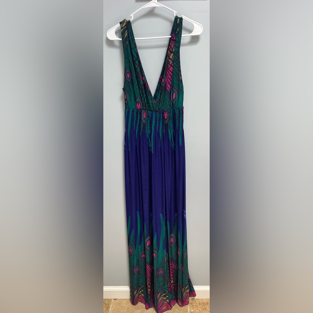 peacock feather print maxi dress